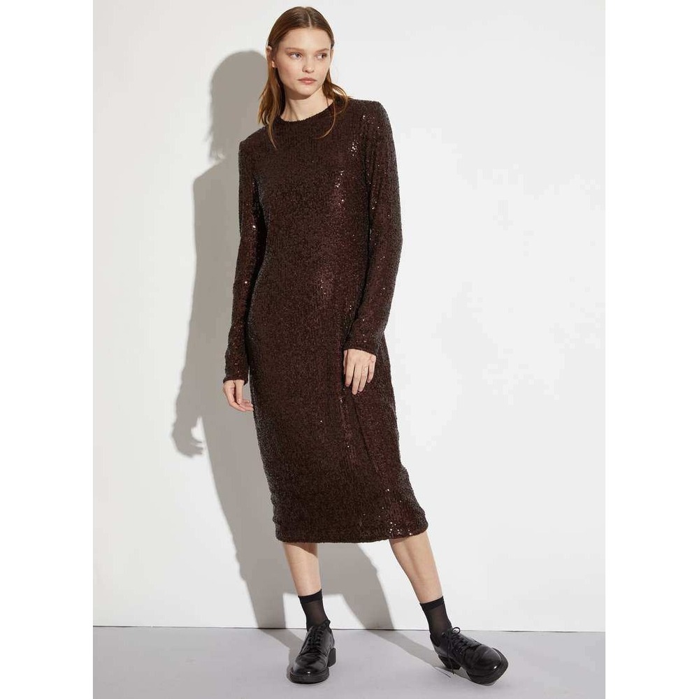 Saint Art Harlow Dress Brown Sequin Long Sleeve Midi Cocktail Evening Midi NWT L